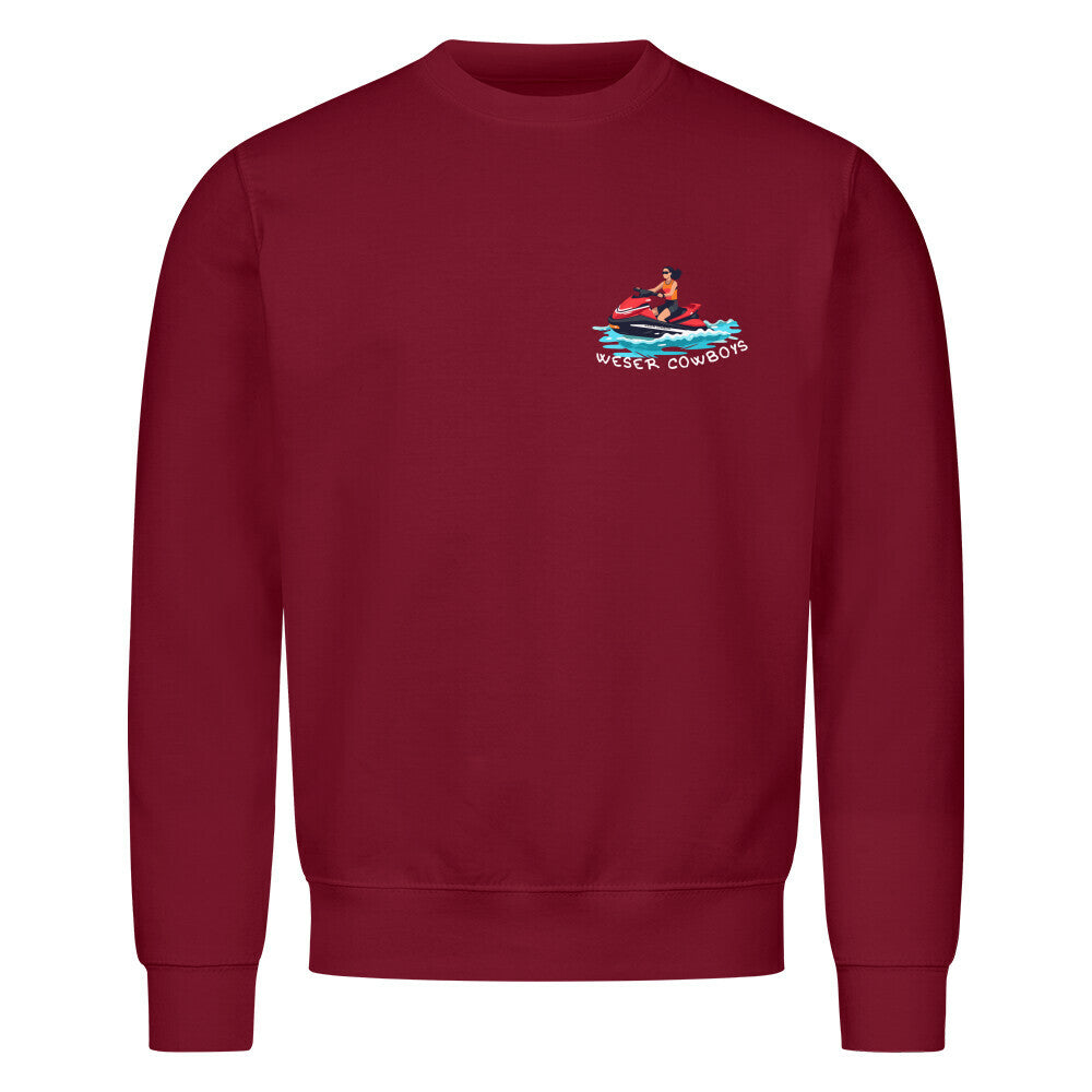 Weser Cowboys Jetski Frau_ Sweatshirt beidseitig bedruckt_ Motiv Weser ruft an - Frau sitzt auf einem Jetski und fährt auf der Welle_ Farbe burgund