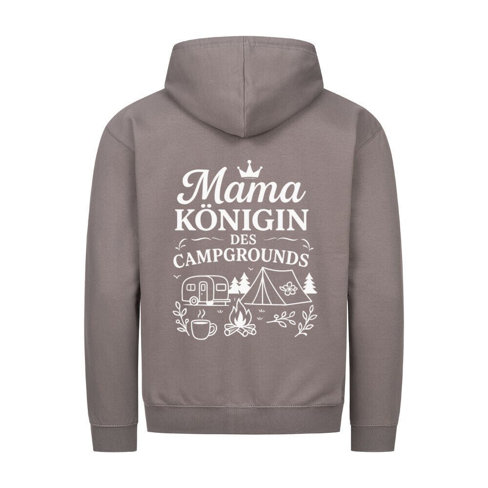 Zipper-Hoodie/Kapuzenpullover mit Reißverschluß für Damen mit Camping-Design „Mama Königin des Campgrounds“, Rückendruck mit Zelt, Wohnwagen und Lagerfeuer_ Farbe grau