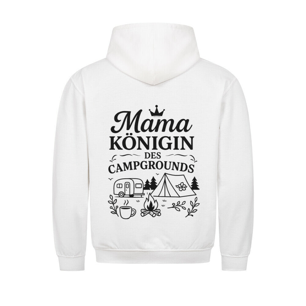 Hoodie mit dem Design „Mama Königin des Campgrounds“, schwarzer Camping-Print mit Wohnwagen, Zelt, Lagerfeuer und Naturmotiv_Camper4Love Design_ Farbe weß