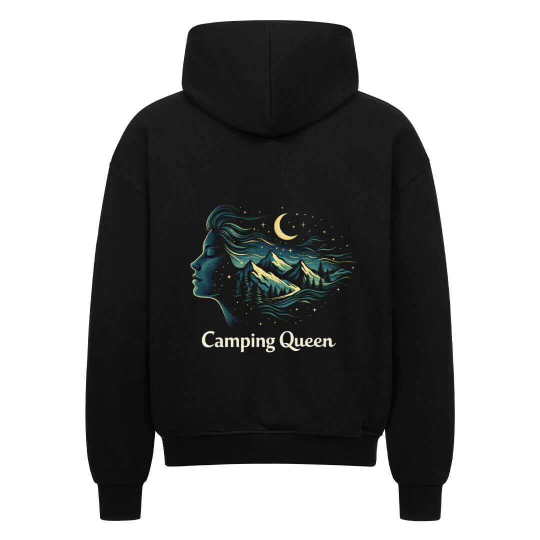 Camping Queen Zipper Hoodie / Kapuzenpullover mit Reißverschluss für Damen mit emotionalem Outdoor-Design. Warm, stylisch & perfekt für Vanlife-Abenteuer. Jetzt entdecken! Camping Queen-Mond-Sterne-Berge. Image for color: schwarz