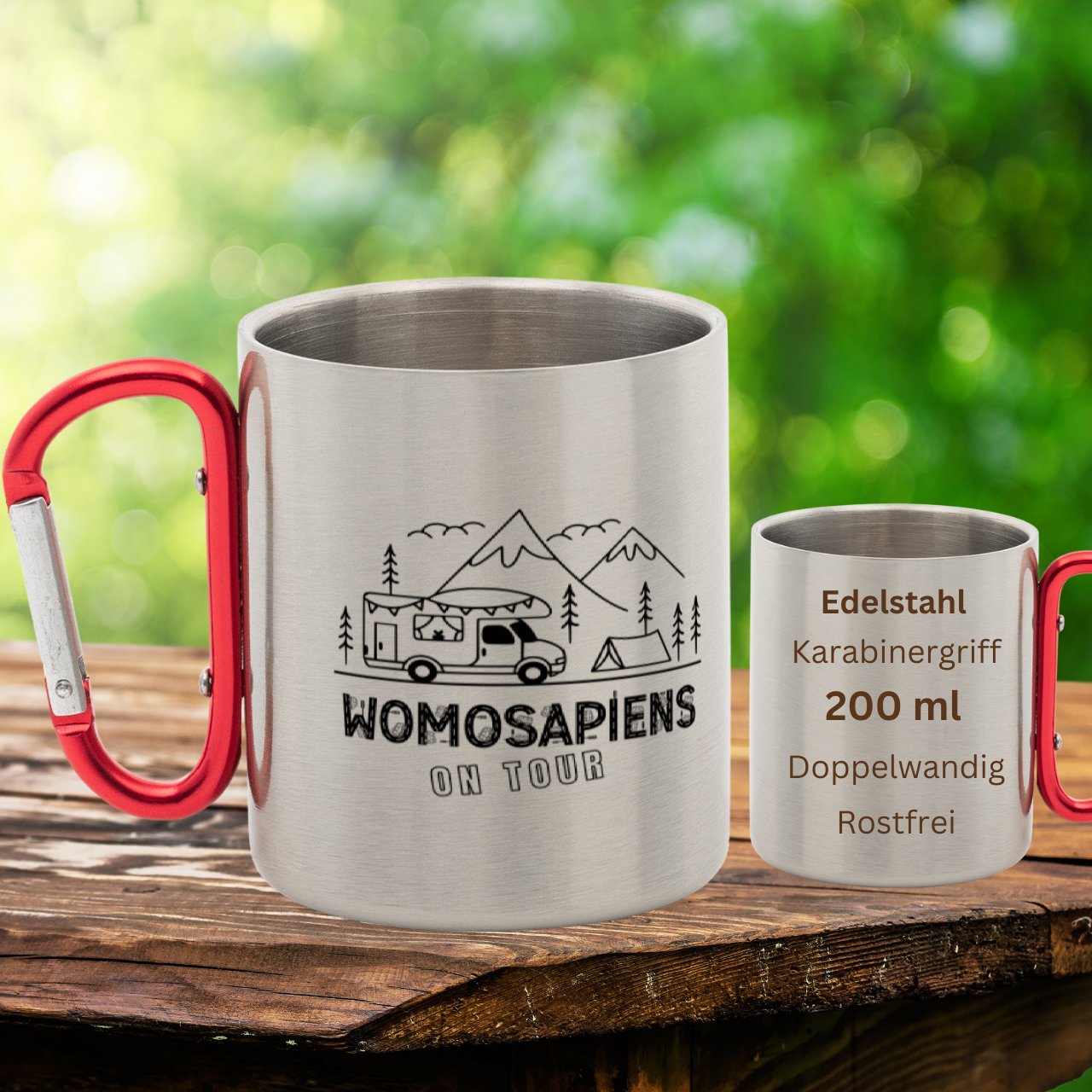 Edelstahltasse mit Karabinerhaken, Edelstahl Becher