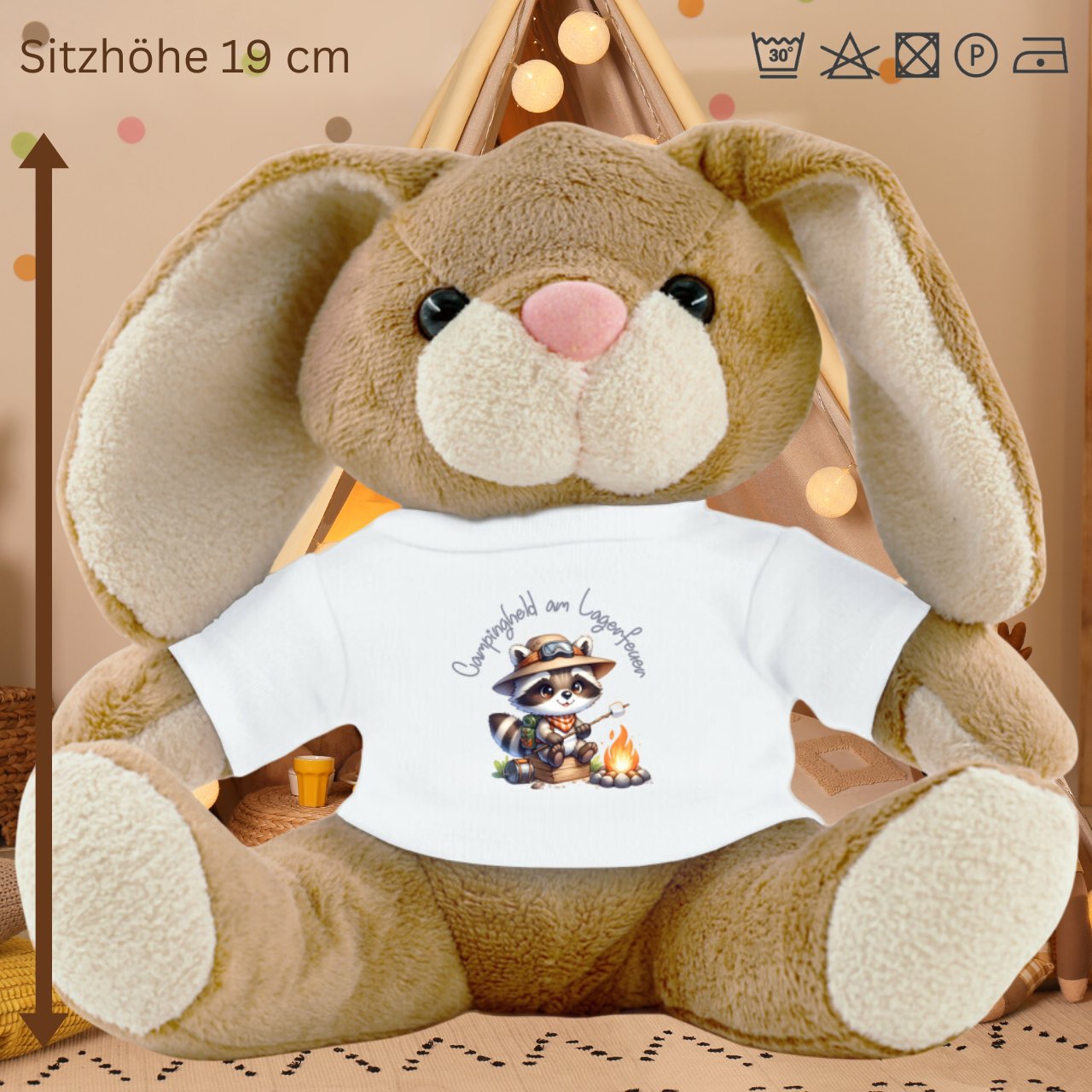 Plüschhase, Kuschelhase, Stofftier, Sitzhöhe 19 cm, braun mit weißen T-Shirt