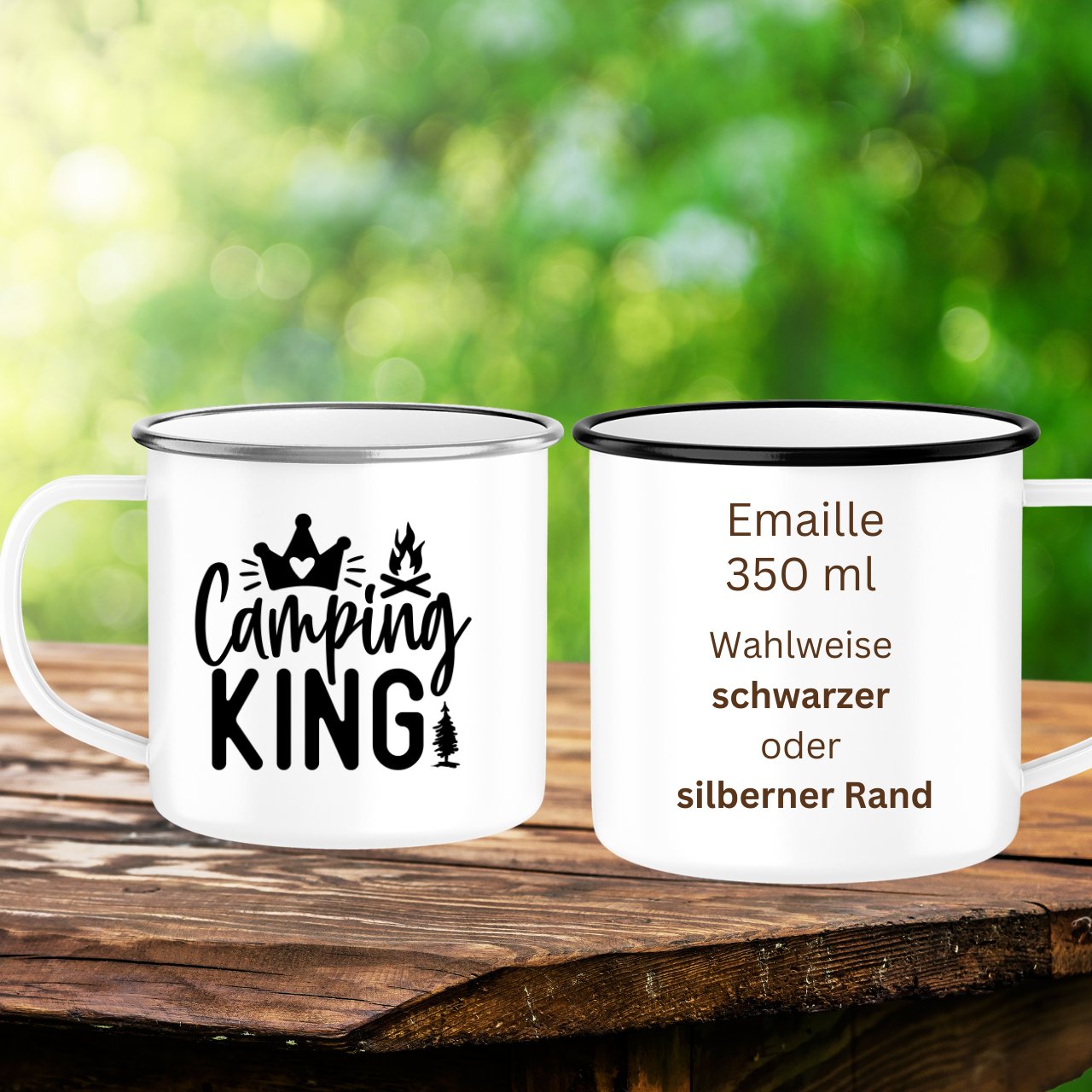 Emaille Becher, Emaille Tasse, Camping Tasse, 350 ml, weiß mit schwarzem oder silbernen Rand