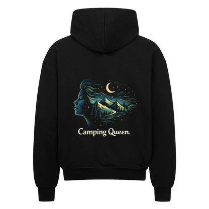 Camping Queen Zipper Hoodie / Kapuzenpullover mit Reißverschluss für Damen mit emotionalem Outdoor-Design. Warm, stylisch & perfekt für Vanlife-Abenteuer. Jetzt entdecken! Camping Queen-Mond-Sterne-Berge.   Image for color: schwarz
