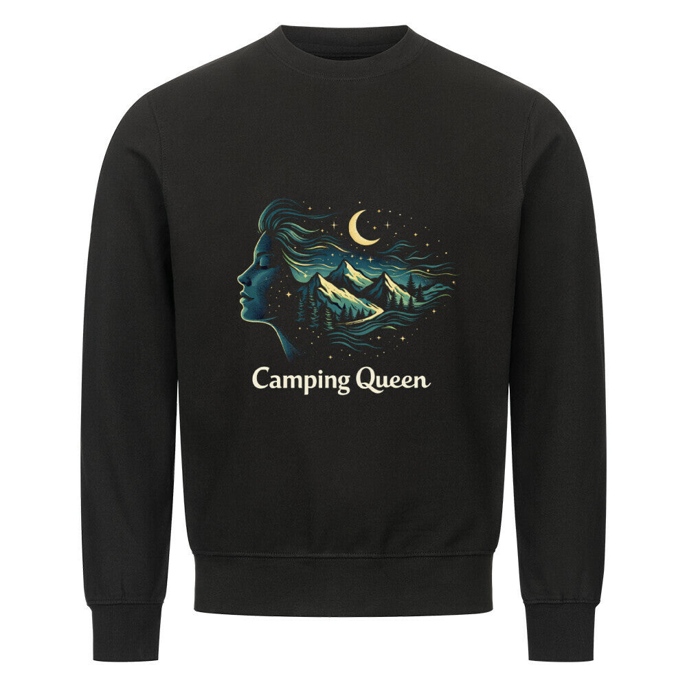 Camping Queen Sweatshirt für Camperinnen: bequem, auffällig & voller Outdoor-Vibes. Ideal für Reisen, Lagerfeuer & Küstentouren. Camping Queen-Mond-Sterne-Berge,  color: schwarz