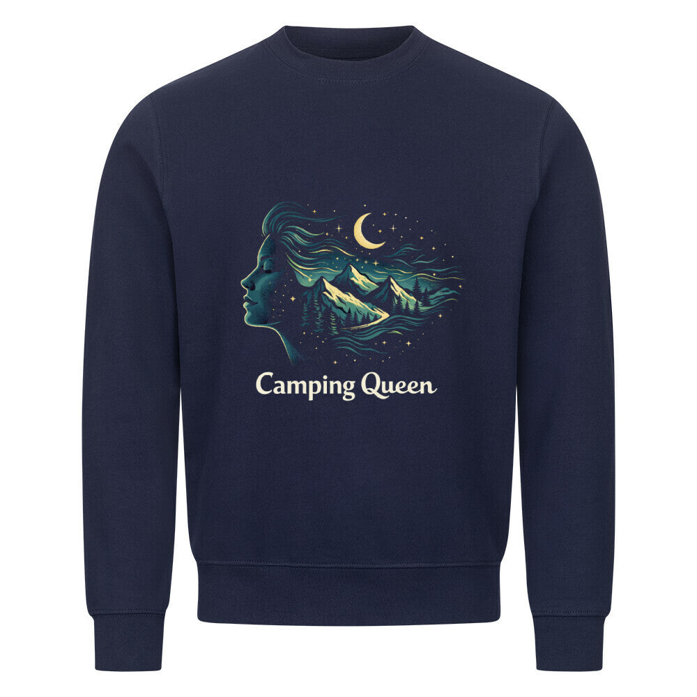 Camping Queen Sweatshirt für Camperinnen: bequem, auffällig & voller Outdoor-Vibes. Ideal für Reisen, Lagerfeuer & Küstentouren. Camping Queen-Mond-Sterne-Berge,  color: navy blue