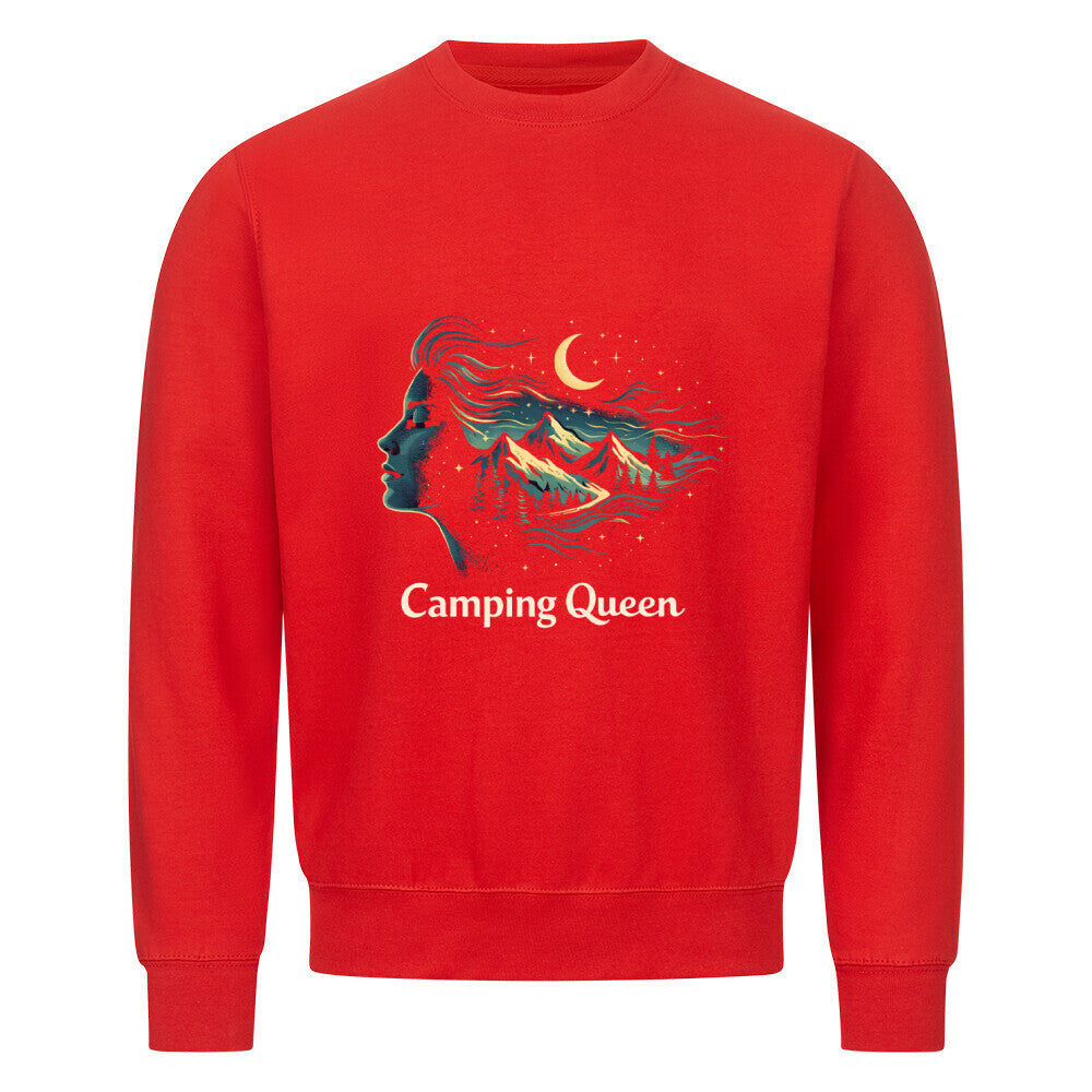 Camping Queen Sweatshirt für Camperinnen: bequem, auffällig & voller Outdoor-Vibes. Ideal für Reisen, Lagerfeuer & Küstentouren. Camping Queen-Mond-Sterne-Berge,  color: rot