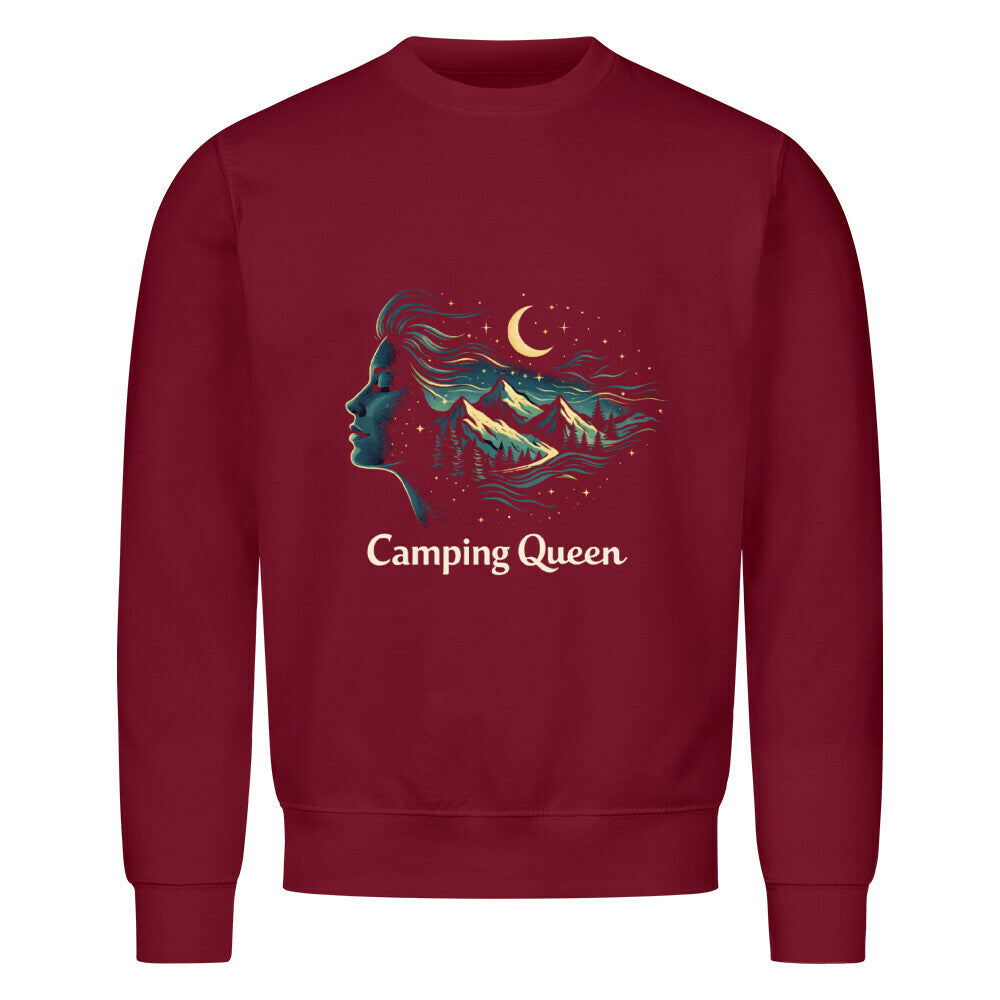 Camping Queen Sweatshirt für Camperinnen: bequem, auffällig & voller Outdoor-Vibes. Ideal für Reisen, Lagerfeuer & Küstentouren. Camping Queen-Mond-Sterne-Berge, color: burgunder, 