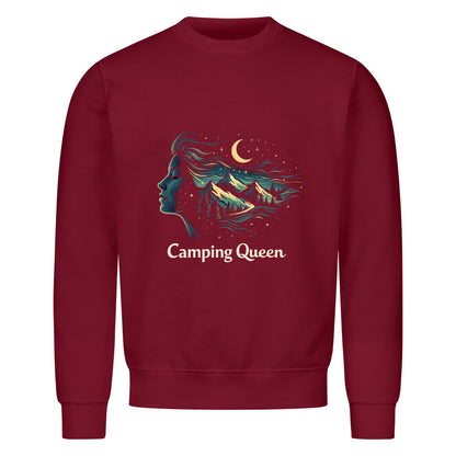 Camping Queen Sweatshirt für Camperinnen: bequem, auffällig & voller Outdoor-Vibes. Ideal für Reisen, Lagerfeuer & Küstentouren. Camping Queen-Mond-Sterne-Berge, color: burgunder, 