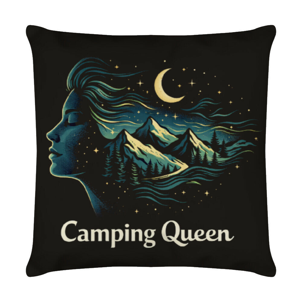 Schwarzes Zierkissen mit ‚Camping Queen‘ Design – stilisierte Frau im Profil mit Bergen, Wald und Mondmotiv in der Nacht, dekoratives Camping-Kissen für Vanlife-Fans und Camperinnen“