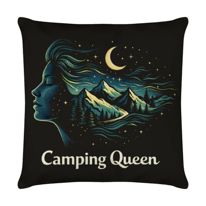 Schwarzes Zierkissen mit ‚Camping Queen‘ Design – stilisierte Frau im Profil mit Bergen, Wald und Mondmotiv in der Nacht, dekoratives Camping-Kissen für Vanlife-Fans und Camperinnen“