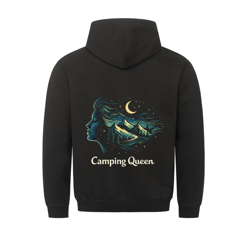 Camping Queen Hoodie für Damen mit großem Rückenprint – stilisiertes Frauenprofil mit Bergen, Wald und Nachthimmel im Vanlife-Design von Camper4Love Image for color: schwarz