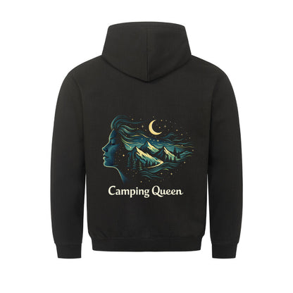 Camping Queen Hoodie für Damen mit großem Rückenprint – stilisiertes Frauenprofil mit Bergen, Wald und Nachthimmel im Vanlife-Design von Camper4Love Image for color: schwarz