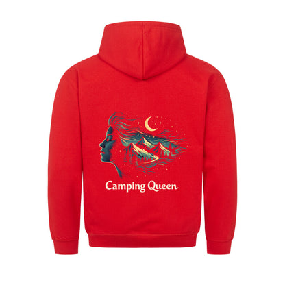 Camping Queen Hoodie für Damen mit großem Rückenprint – stilisiertes Frauenprofil mit Bergen, Wald und Nachthimmel im Vanlife-Design von Camper4Love 
Image for color: rot