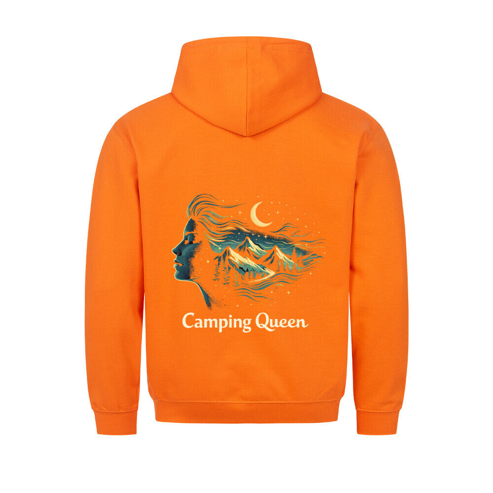 Camping Queen Hoodie für Damen mit großem Rückenprint – stilisiertes Frauenprofil mit Bergen, Wald und Nachthimmel im Vanlife-Design von Camper4Love Image for color: orange