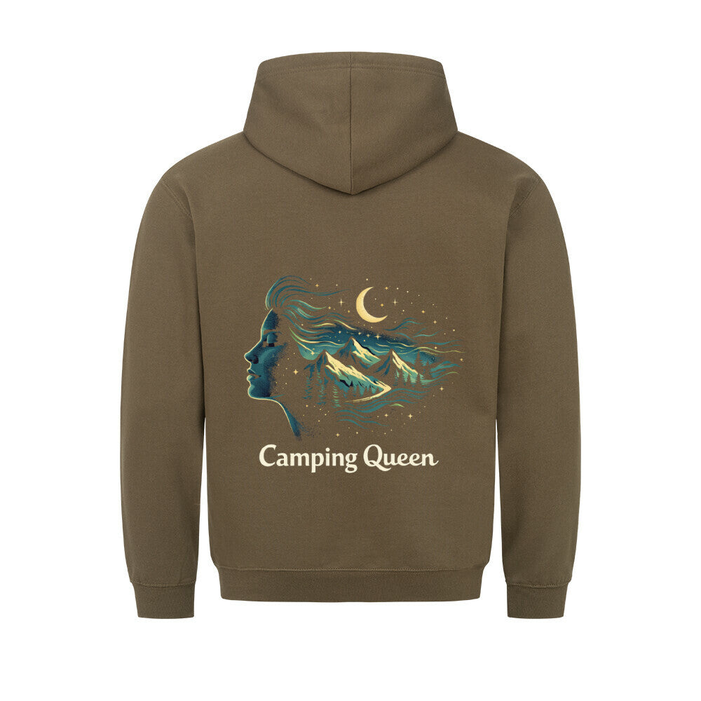 Camping Queen Hoodie für Damen mit großem Rückenprint – stilisiertes Frauenprofil mit Bergen, Wald und Nachthimmel im Vanlife-Design von Camper4Love Image for color: olive