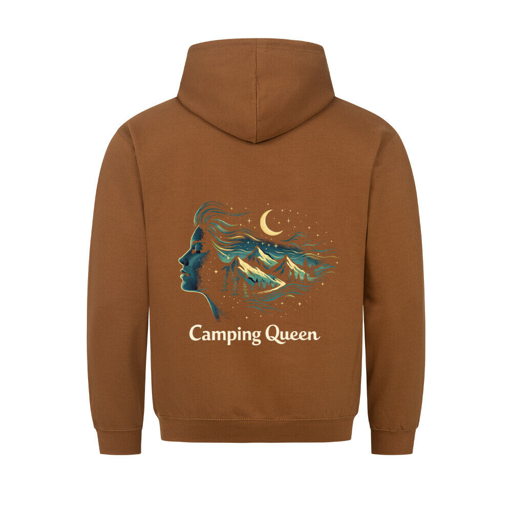 Camping Queen Hoodie für Damen mit großem Rückenprint – stilisiertes Frauenprofil mit Bergen, Wald und Nachthimmel im Vanlife-Design von Camper4Love Image for color: caramel toffee