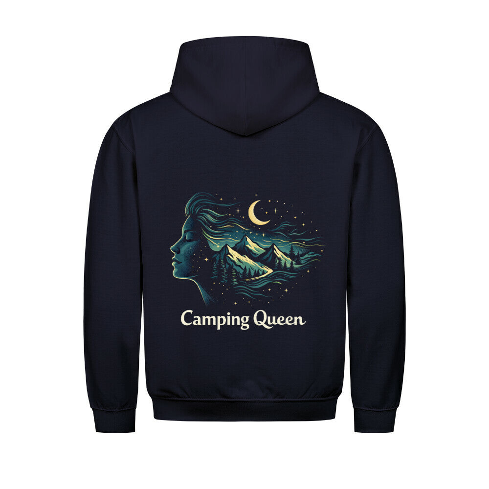 Camping Queen Hoodie für Damen mit großem Rückenprint – stilisiertes Frauenprofil mit Bergen, Wald und Nachthimmel im Vanlife-Design von Camper4Love Image for color: new french navy