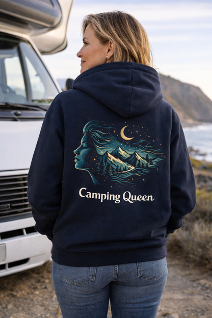 Camping Queen  Hoodie / Kapuzenpullover für Damen mit emotionalem Outdoor-Design. Warm, stylisch & perfekt für Vanlife-Abenteuer. Jetzt entdecken! Camping Queen-Mond-Sterne-Berge. Farbe navy
