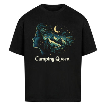 schwarzes Camping-Queen T-Shirt mit Berg- und Nachtmotiv,  stilvolle Campingmode für selbstbewusste Camperinnen.
