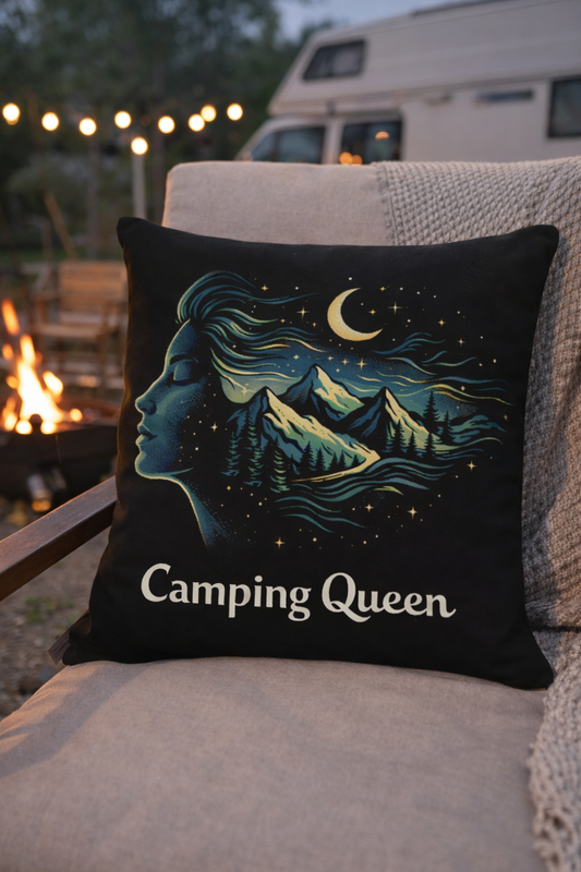 Schwarzes Zierkissen mit ‚Camping Queen‘ Design – stilisierte Frau im Profil mit Bergen, Wald und Mondmotiv in der Nacht, dekoratives Camping-Kissen für Vanlife-Fans und Camperinnen“